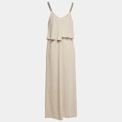 Pre Owned Brunello Cucinelli Beige Embellished Trim Silk Maxi Dress M