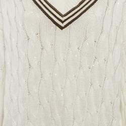 Pre Owned بلوفر برونيلو كوتشينيللي أبيض مجدل تفاصيل مونيلي محاكة كابل رقبة V مقاس كبير