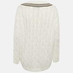 Pre Owned بلوفر برونيلو كوتشينيللي أبيض مجدل تفاصيل مونيلي محاكة كابل رقبة V مقاس كبير