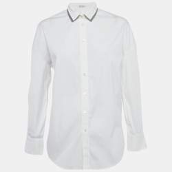 مملوكة مسبقًا Brunello Cucinelli White Collar Embellished Trim Cotton Blend Shirt M