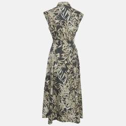 Pre Owned Brunello Cucinelli Grey Floral Print Cotton Belted Midi Dress S