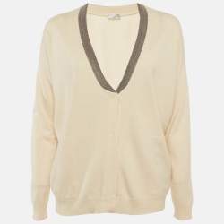 Pre Owned Brunello Cucinelli Beige Cashmere Monili Detail Cardigan M