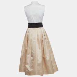 Pre Owned فستان برونيللو كوتشيليني بيج/أبيض ساتان وقماش منفوش ميدي مقاس صغير