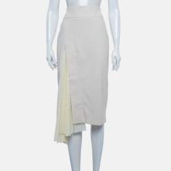 Pre Owned Brunello Cucinelli Cream Twill and Cotton Pleat Detail Midi Skirt M