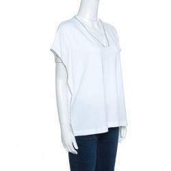 Brunello Cucinelli White Cotton Monili Trim Kaftan Top XXL