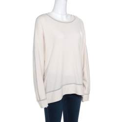 Brunello Cucinelli Cream Cashmere Contrast Piped Dolman Sleeve Sweater XL