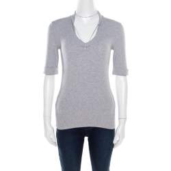 Brunello Cucinelli Grey Ribbed Cotton Sparkle Bead Embellished Top L