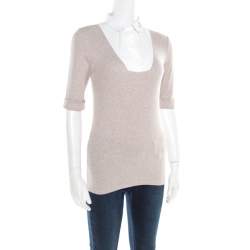 Pre Owned Brunello Cucinelli Beige Collar Yoke Ribbed Sweater Top M