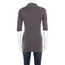 Pre Owned Brunello Cucinelli Dark Grey Cotton Rib Knit Monili Trim Cowl Neck Top XL