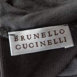 Pre Owned Brunello Cucinelli Dark Grey Cotton Rib Knit Monili Trim Cowl Neck Top XL