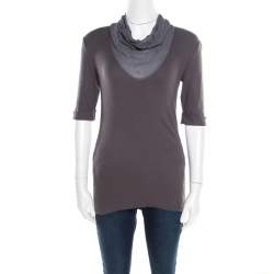 Pre Owned Brunello Cucinelli Dark Grey Cotton Rib Knit Monili Trim Cowl Neck Top XL