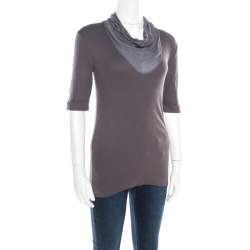 Pre Owned Brunello Cucinelli Dark Grey Cotton Rib Knit Monili Trim Cowl Neck Top XL