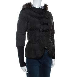 Brunello Cucinelli Black Fur Collar Ribbed Trim Peplum Puffer Jacket S