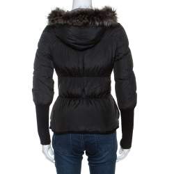 Brunello Cucinelli Black Fur Collar Ribbed Trim Peplum Puffer Jacket S