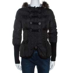 Brunello Cucinelli Black Fur Collar Ribbed Trim Peplum Puffer Jacket S