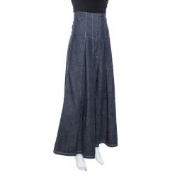Pre Owned Brunello Cucinelli Blue Denim Pleated Wide Leg High Waisted Trousers M