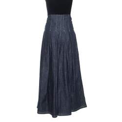 Pre Owned Brunello Cucinelli Blue Denim Pleated Wide Leg High Waisted Trousers M