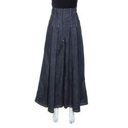 Pre Owned Brunello Cucinelli Blue Denim Pleated Wide Leg High Waisted Trousers M