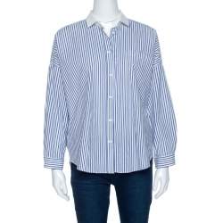 Pre Owned Brunello Cucinelli Bicolor Striped Cotton Beaded Collar Shirt S