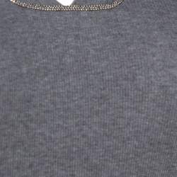 Pre Owned Brunello Cuccinelli Grey Rib Knit Beaded Neck Fitted Top S