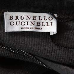 Pre Owned Brunello Cuccinelli Grey Rib Knit Beaded Neck Fitted Top S