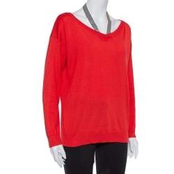 Pre Owned Brunello Cucinelli Red Cashmere & Silk  Embellished Neck Detail Top M