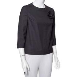 Pre Owned Brunello Cucinelli Charcoal Grey Wool Floral Applique Detail Top S