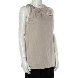 Brunello Cucinelli Beige Cotton Knit Applique Detail Sleeveless Tunic M