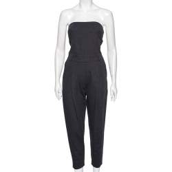 Brunello Cucinelli Dark Grey Knit Pleated Detailed Strapless Jumpsuit S