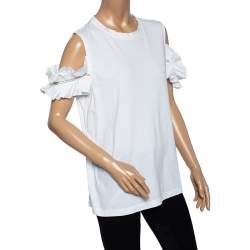 Pre Owned Brunello Cucinelli White Cotton Ruffled Cold Shoulder Detail Top XXL