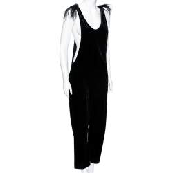 Pre Owned Brunello Cucinelli Black Velvet Feather Embellished Jumpsuit M