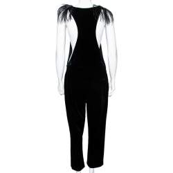 Pre Owned Brunello Cucinelli Black Velvet Feather Embellished Jumpsuit M