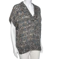 Pre Owned Brunello Cucinelli Blue & Beige Knit Mohair & Sequin Embellished Jumper L