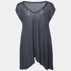 Brunello Cucinelli Grey Linen Knit Sequin Embellished Top L