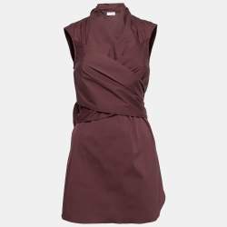 Pre Owned Brunello Cucinelli Burgundy Cotton Bead Embellished Wrap Detail Top M