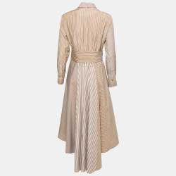 Pre Owned Brunello Cucinelli Brown Striped Cotton Belted Flared Shirtdress M