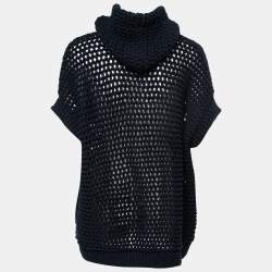 Pre Owned Brunello Cucinelli Navy Blue Crochet-Knit Hooded Cardigan M