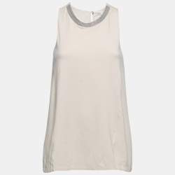 Pre Owned Brunello Cucinelli Ecru Jersey & Silk Paneled Monili Trim Tank Top S