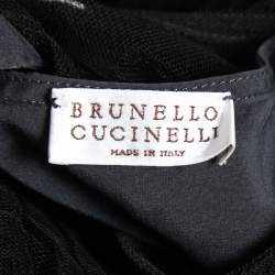 Brunello Cucinelli Black Silk Tulle Overlay Pleated Top M