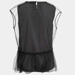 Brunello Cucinelli Black Silk Tulle Overlay Pleated Top M
