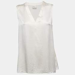 Pre Owned Brunello Cucinelli Cream Satin Silk V-Neck Sleeveless Blouse L