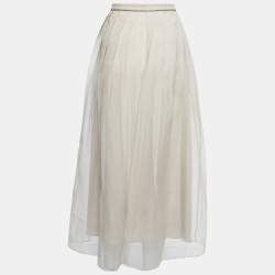 Brunello Cucinelli Beige Silk Pleated Midi Skirt M
