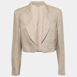 Brunello Cucinelli Beige Metallic Linen Open Cropped Blazer M