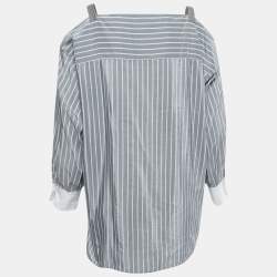 Pre Owned Brunello Cucinelli Grey Striped Cotton & Silk Monili Detail Cut Shoulder Top XS