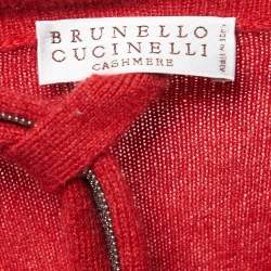 Pre Owned Brunello Cucinelli Red Cashmere V-Neck Tie Detail Sweater M