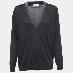 Brunello Cucinelli Charcoal Grey Cashmere Bead Embellished V-Neck Sweater L
