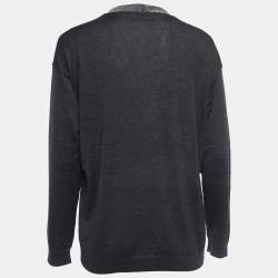 Brunello Cucinelli Charcoal Grey Cashmere Bead Embellished V-Neck Sweater L