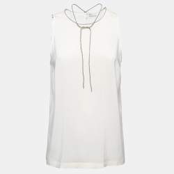 Brunello Cucinelli White Silk Beaded Strings Sleeveless Top XL