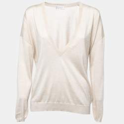 Pre Owned Brunello Cucinelli Beige Cashmere & Silk Deep V-Neck Layering Sweater XL