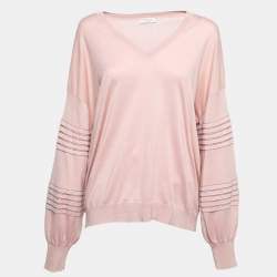 Pre Owned Brunello Cucinelli Pink Cotton Knit V-Neck Jumper XL